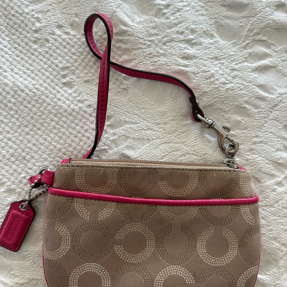 Coach Tan and Pink Clutch with Signature Monogram